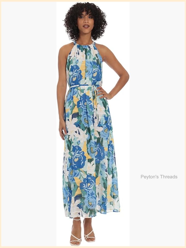 Floral Halter Neck Maxi Dress With Waist Tie Sleeveless Sheath Pockets